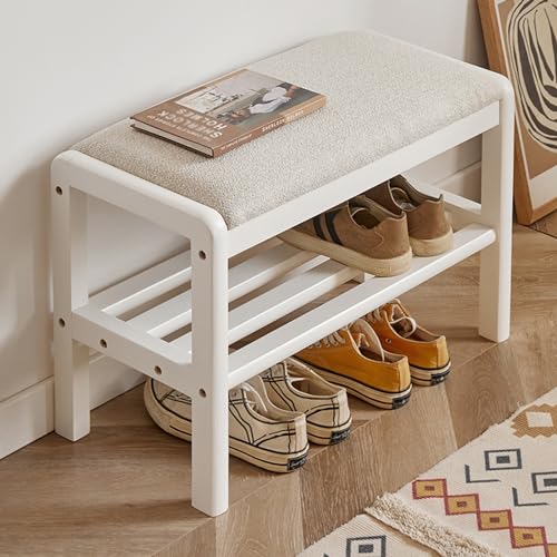 YHKJLYH Eingangsbank, Schuhregalbank, Bambus-Aufbewahrungsschuh-Organizer, kleine Bank mit Kissen, Sitzbank Meer für Schlafzimmer, Schrank, Wohnzimmer, Flur (weiß, 80 cm) von YHKJLYH
