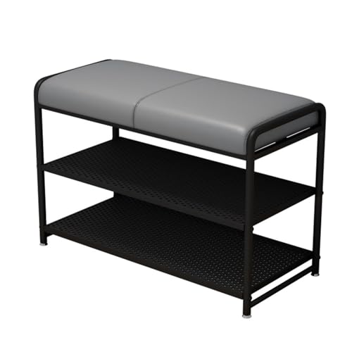 YHKJLYH Eingangsbank mit Schuhaufbewahrung, Schuhbank mit gepolstertem Sitz, 3-stufiger Schuhregal-Organizer für Flur, Wohnzimmer, Balkon (Grau Schwarz, 70 x 30 x 60 cm) von YHKJLYH
