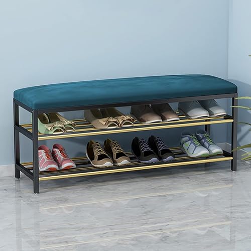 YHKJLYH Gepolsterter Schuhaufbewahrungs-Organizer für Flur, Schlafzimmer, Wohnzimmer, 2-stufiges Schuhregal aus Metall mit Sitz aus Kunstleder, Schuhbank für den Eingangsbereich mit Stauraum (Größe: von YHKJLYH