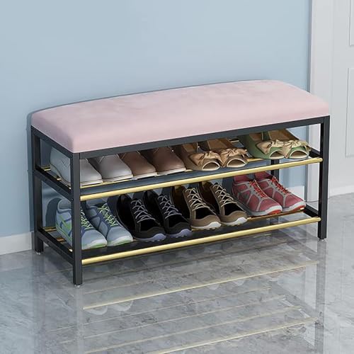 YHKJLYH Gepolsterter Schuhaufbewahrungs-Organizer für Flur, Schlafzimmer, Wohnzimmer, 2-stufiges Schuhregal aus Metall mit Sitz aus Kunstleder, Schuhbank für den Eingangsbereich mit Stauraum (Größe: von YHKJLYH