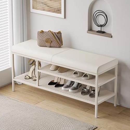 YHKJLYH Schuhbank mit Kissen, Schuhregalbank mit Schuhaufbewahrungsbank für den Eingangsbereich, Sitzbank, Metallschuhregal, Aufbewahrung für ca. 6–10 Paar Schuhe (Farbe: Off White-A, Größe: 31,5 Zo von YHKJLYH