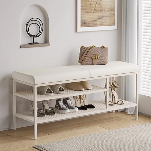 YHKJLYH Schuhbank mit Kissen, Schuhregalbank mit Schuhaufbewahrungsbank für den Eingangsbereich, Sitzbank, Metallschuhregal, Aufbewahrung für ca. 6–10 Paar Schuhe (Farbe: Off White-A, Größe: 39,4 Zo von YHKJLYH