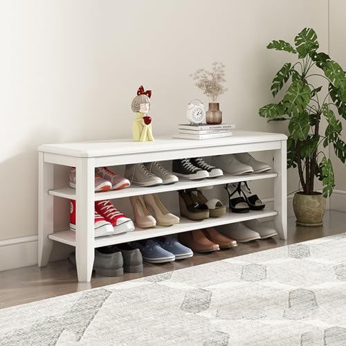 YHKJLYH Schuhregal, Schuhbank, 2-stufiger Ottoman aus Massivholz mit abnehmbarem, verstellbarem Regal, Aufbewahrungsbänke, Organizer für Eingangsbereich, Flur, Wohnzimmer (weiß, 80 cm) von YHKJLYH