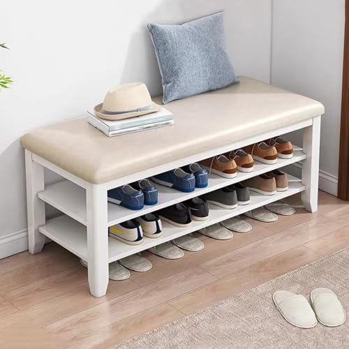 YHKJLYH Schuhregal-Schuhbank, Ottoman-Aufbewahrungsbänke aus Massivholz, Eingangsbereich-Organizer mit PU-Lederkissen, abnehmbares, verstellbares Regal, für Wohnzimmer, Flur (weiß, 80 cm) von YHKJLYH