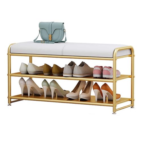 YHKJLYH Schuhregal mit gepolsterter Sitzfläche – Schuhbank für den Eingangsbereich, Aufbewahrungsbank mit 2 Ablagen und Kunstlederplatte – goldene Bettbank (Größe: 90 cm, Farbe: Weiß) von YHKJLYH
