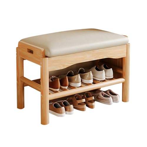 YHKJLYH Schuhregalbank, Aufbewahrungsbänke mit Lederkissen, 2-stufige Ottoman-Schuhbank aus Massivholz, Schuhregal-Organizer im Mid-Century-Stil für Eingangsbereich, Flur, Wohnzimmer (Holzfarbe + We YHKJLYH Schuhregalbank, Aufbewahrungsbänke mit Lederkissen, 2-stufige Ottoman-Schuhbank aus Massivholz, Schuhregal-Organizer im Mid-Century-Stil für Eingangsbereich, Flur, Wohnzimmer (Holzfarbe + We von YHKJLYH
