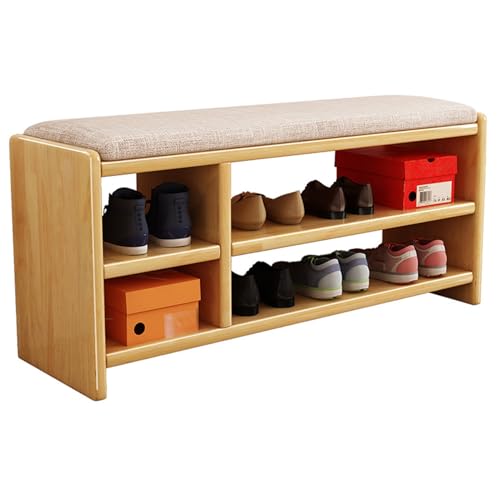 YHKJLYH Schuhregalbank, Schuhbank mit Sitzkissen, Schuhaufbewahrungsbank mit verstellbaren Regalen, Eingangsbank für das Wohnzimmer (Holzfarbe, 80 cm) von YHKJLYH