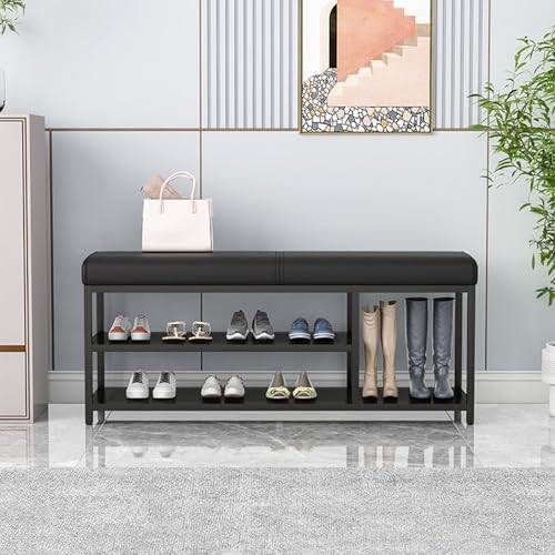 YHKJLYH Schuhregalbank, gepolstertes Schuhregal mit gepolstertem Sitz aus PU-Leder und Metallbeinen, Schuhaufbewahrungsbänke-Organizer für Eingangsbereich, Flur, Wohnzimmer (schwarzes schwarzes Bein von YHKJLYH