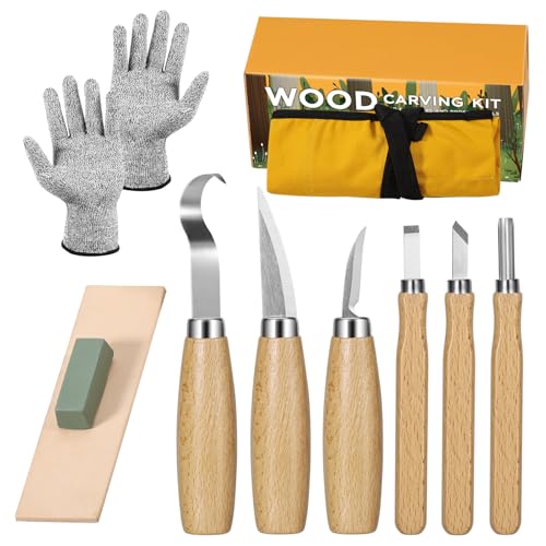 Holzschnitzwerkzeuge Set, 10 in 1 Schnitzset für Erwachsene, Kinder, Anfänger, Holz Schnitzen Set mit 6 Schnitzmessern, Schnittfeste Handschuhe, Rolltasche, Spitzer, Schnitzwerkzeug Set für Holz von YHLAWM