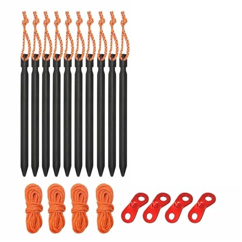 Metallische Bodennägel, 1Set Aluminiumlegierung Zeltheringe Nägel Pfähle Seile Camping Wandern Zelt Zubehör mit Windseil Hammer Reflektierende Schnur(Black) von YHNNH