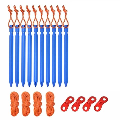 Metallische Bodennägel, 1Set Aluminiumlegierung Zeltheringe Nägel Pfähle Seile Camping Wandern Zelt Zubehör mit Windseil Hammer Reflektierende Schnur(Blue) von YHNNH