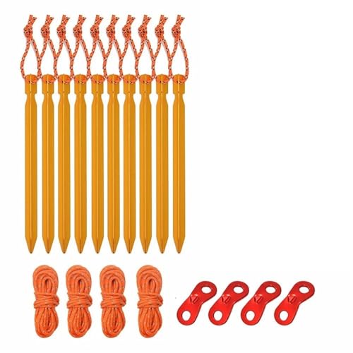 Metallische Bodennägel, 1Set Aluminiumlegierung Zeltheringe Nägel Pfähle Seile Camping Wandern Zelt Zubehör mit Windseil Hammer Reflektierende Schnur(Yellow) von YHNNH