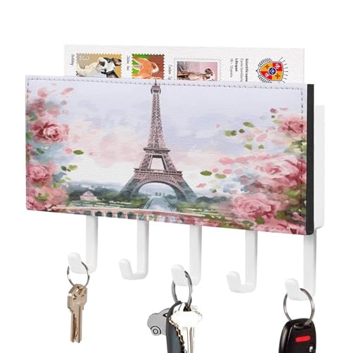 Schlüsselhaken zur Wandmontage, Paris Eiffelturm mit Blumensprinten, Kunststoff-Dekor, Schlüsselaufhänger für die Wand mit 5 Schlüsselhaken, individuelles Schlüsselbrett für Eingangsbereich von YHNNH
