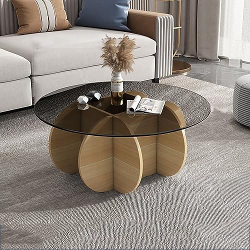 YHNNH, Couchtisch mit Glasplatte und Massivholzsockel – moderner runder Mitteltisch, for Wohnzimmer und Terrasse – Beistelltisch aus klarem gehärtetem Glas.(Walnut+Gray,70x40cm(28x16inch)) von YHNNH