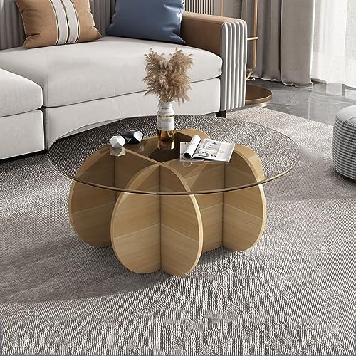 YHNNH, Couchtisch mit Glasplatte und Massivholzsockel – moderner runder Mitteltisch, for Wohnzimmer und Terrasse – Beistelltisch aus klarem gehärtetem Glas.(Walnut+White,80x40cm(31x16inch)) von YHNNH