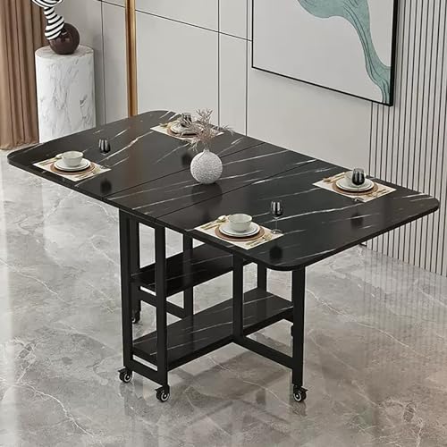 YHNNH, Mobiler klappbarer Esstisch, Drop-Leaf-Tisch mit 2 offenen Ablagen, ausziehbarer rechteckiger Drop-Leaf-Tisch mit Metallrahmen(Black Black Shelf,L 120cm) von YHNNH
