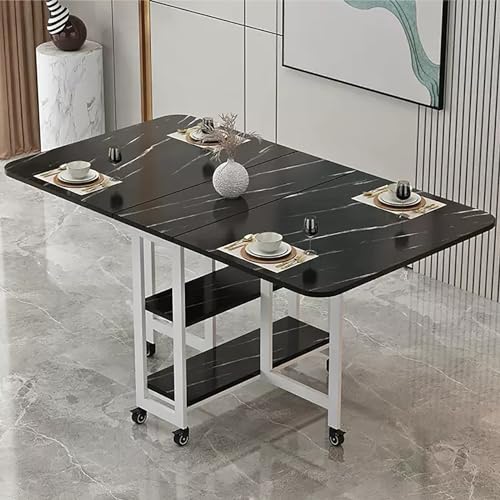 YHNNH, Mobiler klappbarer Esstisch, Drop-Leaf-Tisch mit 2 offenen Ablagen, ausziehbarer rechteckiger Drop-Leaf-Tisch mit Metallrahmen(Black White Shelf,L 140cm) von YHNNH