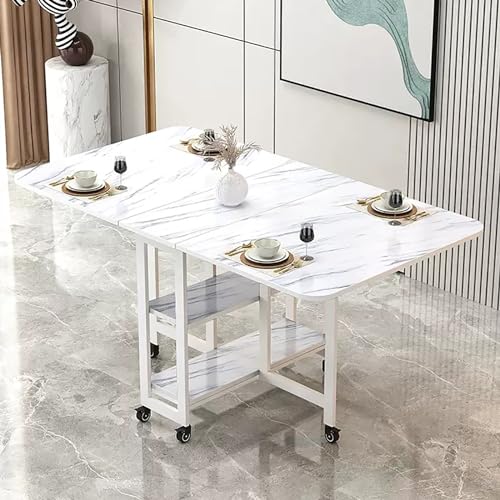 YHNNH, Mobiler klappbarer Esstisch, Drop-Leaf-Tisch mit 2 offenen Ablagen, ausziehbarer rechteckiger Drop-Leaf-Tisch mit Metallrahmen(Variegated White Shelf,L 140cm) von YHNNH