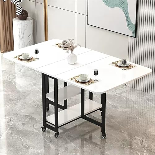 YHNNH, Mobiler klappbarer Esstisch, Drop-Leaf-Tisch mit 2 offenen Ablagen, ausziehbarer rechteckiger Drop-Leaf-Tisch mit Metallrahmen(White Black Shelf,L 120cm) von YHNNH