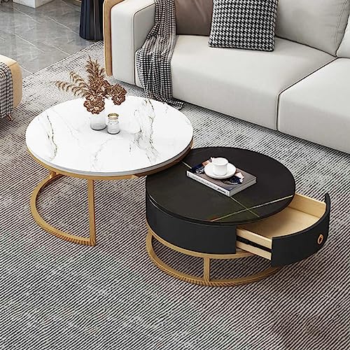 YHNNH, Moderner runder Couchtisch mit Marmorstruktur, 2er-Set – stilvoller Beistelltisch mit Schubladenaufbewahrung for das Wohnzimmer(11,70 * 50cm/27.5 * 19.6in) von YHNNH