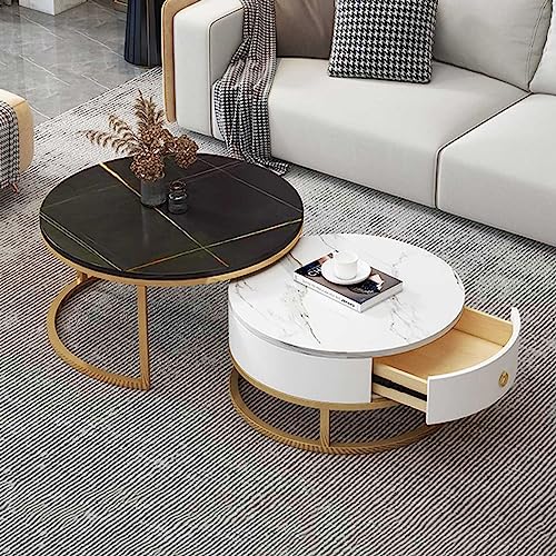 YHNNH, Moderner runder Couchtisch mit Marmorstruktur, 2er-Set – stilvoller Beistelltisch mit Schubladenaufbewahrung for das Wohnzimmer(13,70 * 50cm/27.5 * 19.6in) von YHNNH