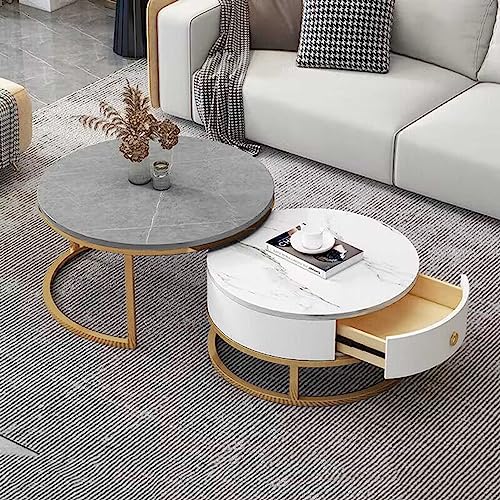 YHNNH, Moderner runder Couchtisch mit Marmorstruktur, 2er-Set – stilvoller Beistelltisch mit Schubladenaufbewahrung for das Wohnzimmer(14,70 * 50cm/27.5 * 19.6in) von YHNNH