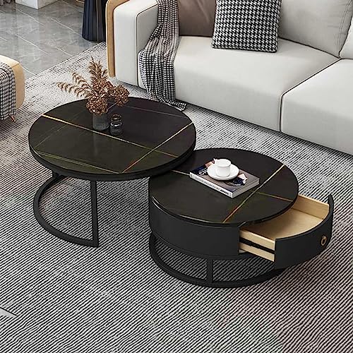 YHNNH, Moderner runder Couchtisch mit Marmorstruktur, 2er-Set – stilvoller Beistelltisch mit Schubladenaufbewahrung for das Wohnzimmer(3,80 * 60cm/31.4 * 23.6in) von YHNNH