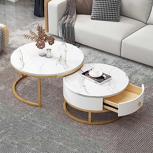 YHNNH, Moderner runder Couchtisch mit Marmorstruktur, 2er-Set – stilvoller Beistelltisch mit Schubladenaufbewahrung for das Wohnzimmer(8,70 * 50cm/27.5 * 19.6in) von YHNNH