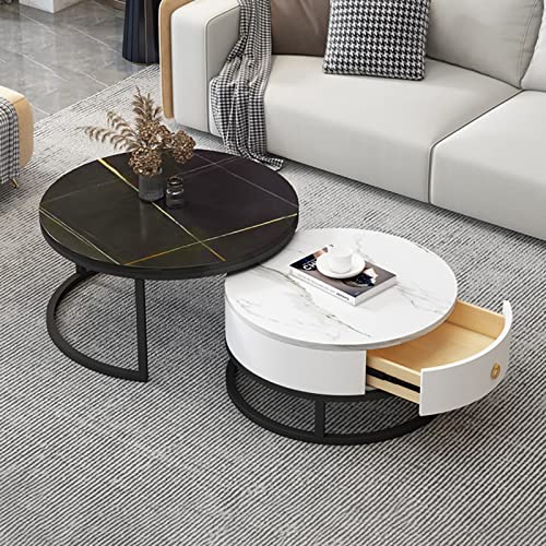 YHNNH, Zusammensetzbarer Couchtisch im 2er-Set mit Schubladenaufbewahrung – moderner Teetisch mit Metallrahmen und Schiefermarmorstruktur(Black Frame+Black+White) von YHNNH