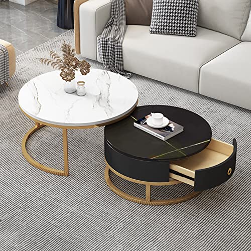 YHNNH, Zusammensetzbarer Couchtisch im 2er-Set mit Schubladenaufbewahrung – moderner Teetisch mit Metallrahmen und Schiefermarmorstruktur(Gold Frame+White+Black) von YHNNH