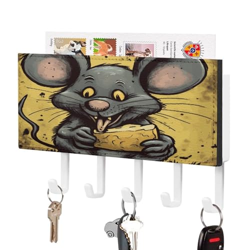 YHNNH Schlüsselhaken zur Wandmontage, Ratte isst ein Stück Käse, bedruckter Kunststoff-Dekor-Schlüsselaufhänger für die Wand mit 5 Schlüsselhaken, individuelles Schlüsselbrett für Eingangsbereich von YHNNH