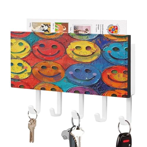 YHNNH Schlüsselhaken zur Wandmontage, buntes Smiley-Gesicht, Kunststoff-Dekor-Schlüsselaufhänger für die Wand mit 5 Schlüsselhaken, individuelles Schlüsselbrett für Eingangsbereich, Wohnzimmer, Büro von YHNNH