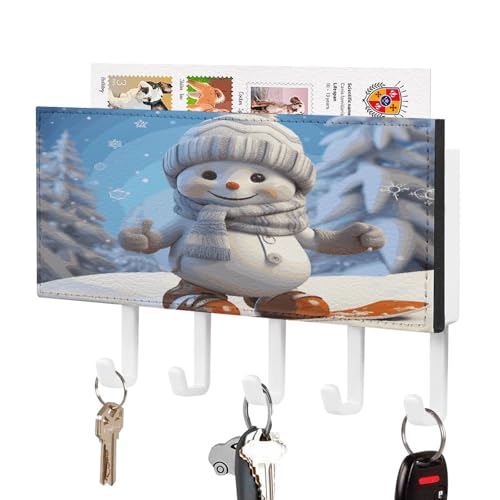 YHNNH Schlüsselhaken zur Wandmontage, niedliches Snowboard mit Schneemann-Druck, Kunststoff-Dekor-Schlüsselaufhänger für die Wand mit 5 Schlüsselhaken, individuelles Schlüsselbrett für Eingangsbereich von YHNNH