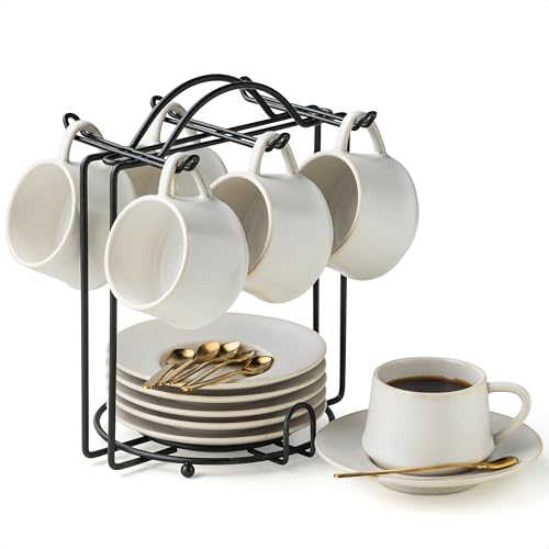 YHOSSEUN Espressotassen mit Untertassen und Metallständer, 118 ml, Keramik, Expresso Shots, Espresso, kleine Kaffeetassen, 6er-Set, Beige von YHOSSEUN