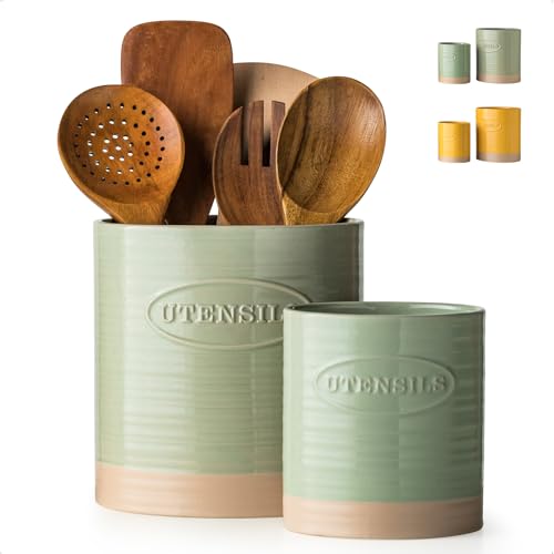 YHOSSEUN Küchenutensilienhalter, 17 cm + 13 cm, Keramik-Utensilienhalter für Küchentheke, ovaler Kochutensilienbehälter für Arbeitsplatte, Utensilienaufbewahrung, Organizer, 2er-Set, Grün YHOSSEUN Küchenutensilienhalter, 17 cm + 13 cm, Keramik-Utensilienhalter für Küchentheke, ovaler Kochutensilienbehälter für Arbeitsplatte, Utensilienaufbewahrung, Organizer, 2er-Set, Grün von YHOSSEUN