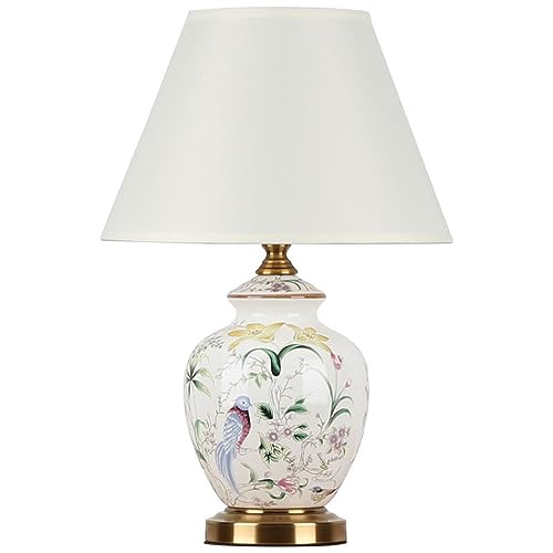 YHQSYKS Moderne Tischlampen für Wohnzimmer, 20-Zoll-Keramik-Nachttischlampe mit Blume und Vogel, handbemalte Nachttisch-Schlafzimmerlampe mit fassförmigem Stoffschirm, Dekorationsbeleuchtung von YHQSYKS
