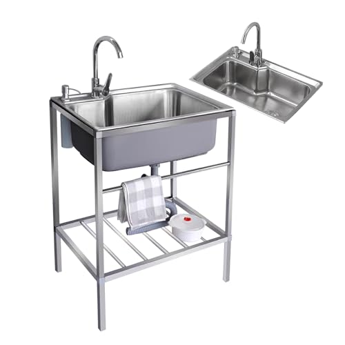 Edelstahl Spülbecken Küche,Utility Waschbecken Frei Stehende,mit Wasserhahn Lagerregale Im Freien Waschbecken Waschstation,kommerzielle Restaurant Waschbecken,für Waschküche Garage Bauernhaus(23.6x17. von YHQYCGS