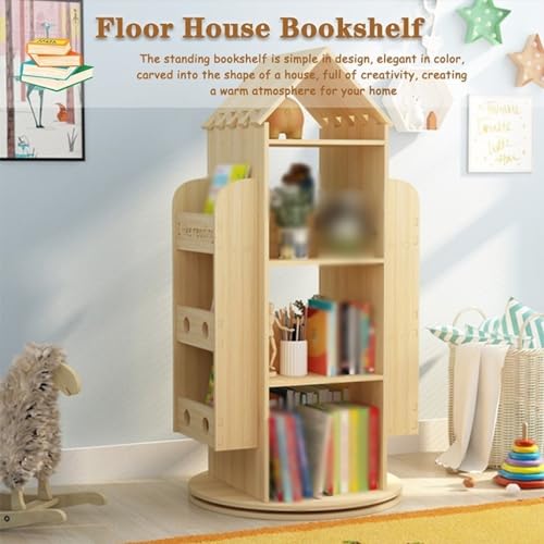 Haus-Form-Boden-stehendes Bücherregal, 360 Drehbare Bücherregale Für Schlafzimmer, Robuster Buch-Organizer Aus Holz von YHRJOZ
