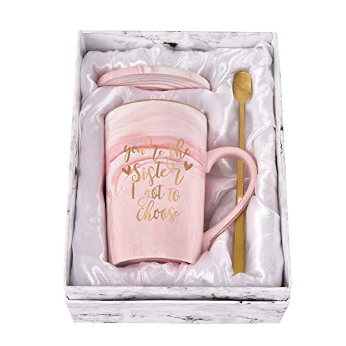 Kaffeetasse mit Löffel-Untersetzer, Aufschrift "You Are The Sister I Got To Choice", Geschenkidee für Schwester, Schwägerin, Marmor-Tasse mit Löffel, Untersetzer, in Geschenkbox, 400 ml, Pink von YHRJWN