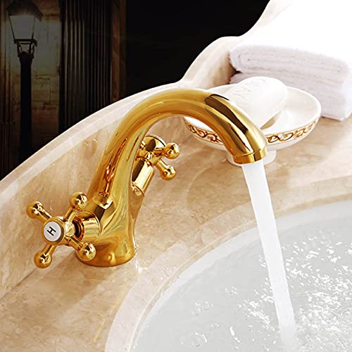 YHSGY Becken Wasserhahn Chrom/Golden Messing Doppelgriffe Waschtisch Heiß- Und Kaltmischerarmatur Keramikventil Waschbecken Wasserhähne von YHSGY