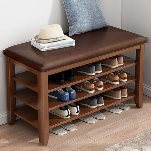 YHWKGZ Schuhaufbewahrungsbank, Schuhbank aus Massivholz, Offene Aufbewahrung, Weiches Kissen for Sitzen, Platzsparender Schuhschrank, 2 Schichten/3 Schichten optional(Color:Walnut color,Size:31.4x20.4 von YHWKGZ