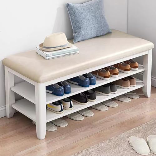 YHWKGZ Schuhaufbewahrungsbank, Schuhbank aus Massivholz, Offene Aufbewahrung, Weiches Kissen for Sitzen, Platzsparender Schuhschrank, 2 Schichten/3 Schichten optional(Color:Wit,Size:23.6"/60cm) von YHWKGZ