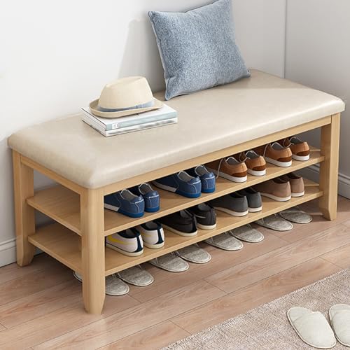 YHWKGZ Schuhaufbewahrungsbank, Schuhbank aus Massivholz, Offene Aufbewahrung, Weiches Kissen for Sitzen, Platzsparender Schuhschrank, 2 Schichten/3 Schichten optional(Color:Wood color,Size:31.4"/80cm) von YHWKGZ