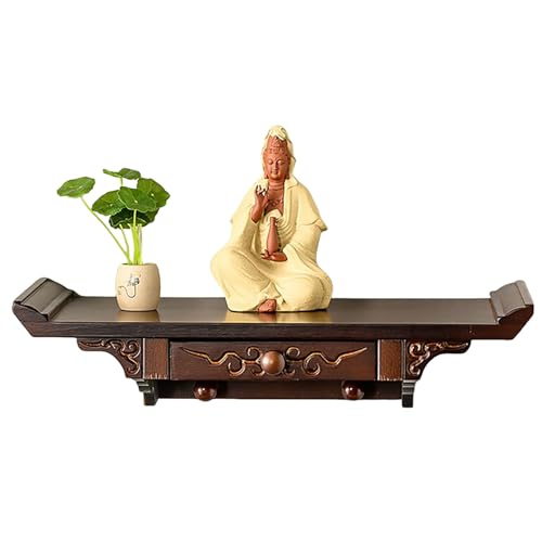 YHWKGZ Wandmontiertes Buddha-Altarregal, Persönlicher Meditationsschrein, Altartisch Mit Schublade Und 2 Haken, Zaundesign Auf Beiden Seiten, Schreinschrank Im Chinesischen Stil for Zuhause(60cm/23.6i von YHWKGZ