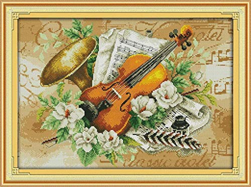YHX926 Kreuzstich Stickpackung,11CT Stickbild Stickvorlage Vorgedruckt Stickset für Anfänger,DIY Kreuz Nähen Home Decor,Blume und Violine,40 * 50 cm von YHX926