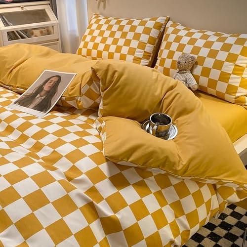 YHXBD 3/4-teiliges Bettbezug-Set, Gewaschene Baumwolle, Schachbrett-Karo-Gitter-Bettwäsche-Set, Geometrisch, Superweich, Wendbar, Bettdeckenbezug-Set,A-08,180x220cm von YHXBD