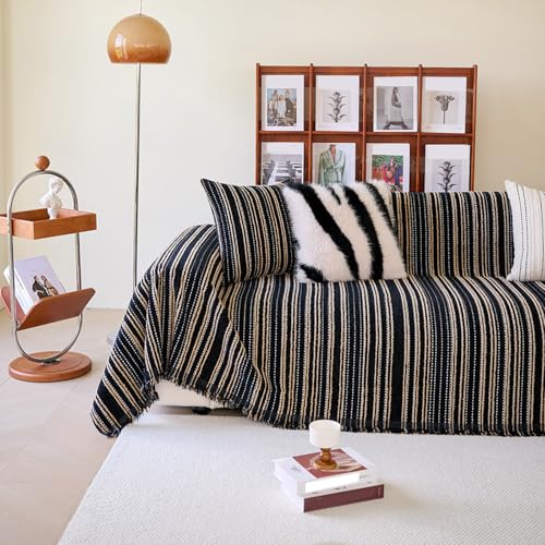 YHXBD Sofa-Überwürfe für 1-, 2-, 3-, 4-Sitzer, große Überwürfe für Sofas, Vintage-Streifenmuster, Chenille, Sofa-Schonbezüge, multifunktionale Sofadecke, Schwarz, 180 x 400 cm von YHXBD