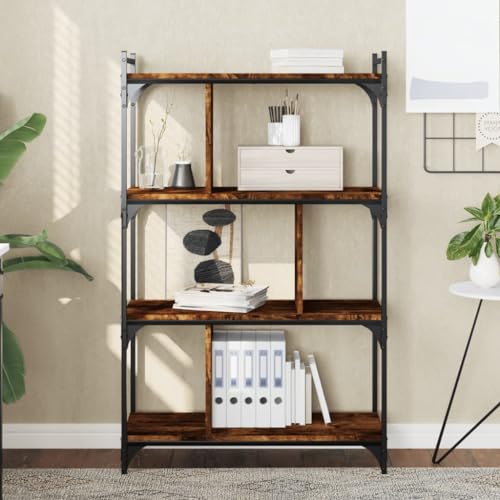 YHYL Bücherregal mit 4 Ebenen Industrial Regal Raumteiler Vertikal Schrank Platzsparender moderner Stil für Wohnzimmer Schlafzimmer Küche Studie Eiche Rauch 76x32x123 cm von YHYL