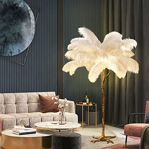 YHYYU Echte Straußenfeder Stehlampe, Moderne Luxus Feder Stehleuchte, LED Dimmbar Eck Stehlampen, Leseleuchte Bodenlampe, Standleuchte für Wohnzimmer und Schlafzimmer (120cm, Weiß) von YHYYU