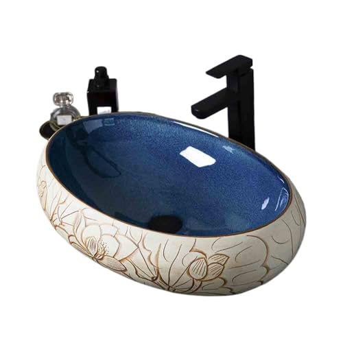 YHxFlux Waschbecken Bad Großes ovales blaues Aufsatzwaschbecken aus Keramik for den Balkon oder den Innenbereich mit Blumenmuster Aufsatzbecken YHxFlux Waschbecken Bad Großes ovales blaues Aufsatzwaschbecken aus Keramik for den Balkon oder den Innenbereich mit Blumenmuster Aufsatzbecken von YHxFlux